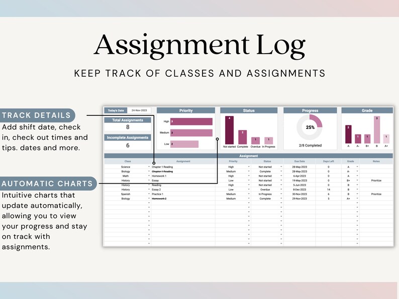 Homework Spreadsheet Assignment Tracker Spreadsheet | Student Homework Log | Google Sheets ...