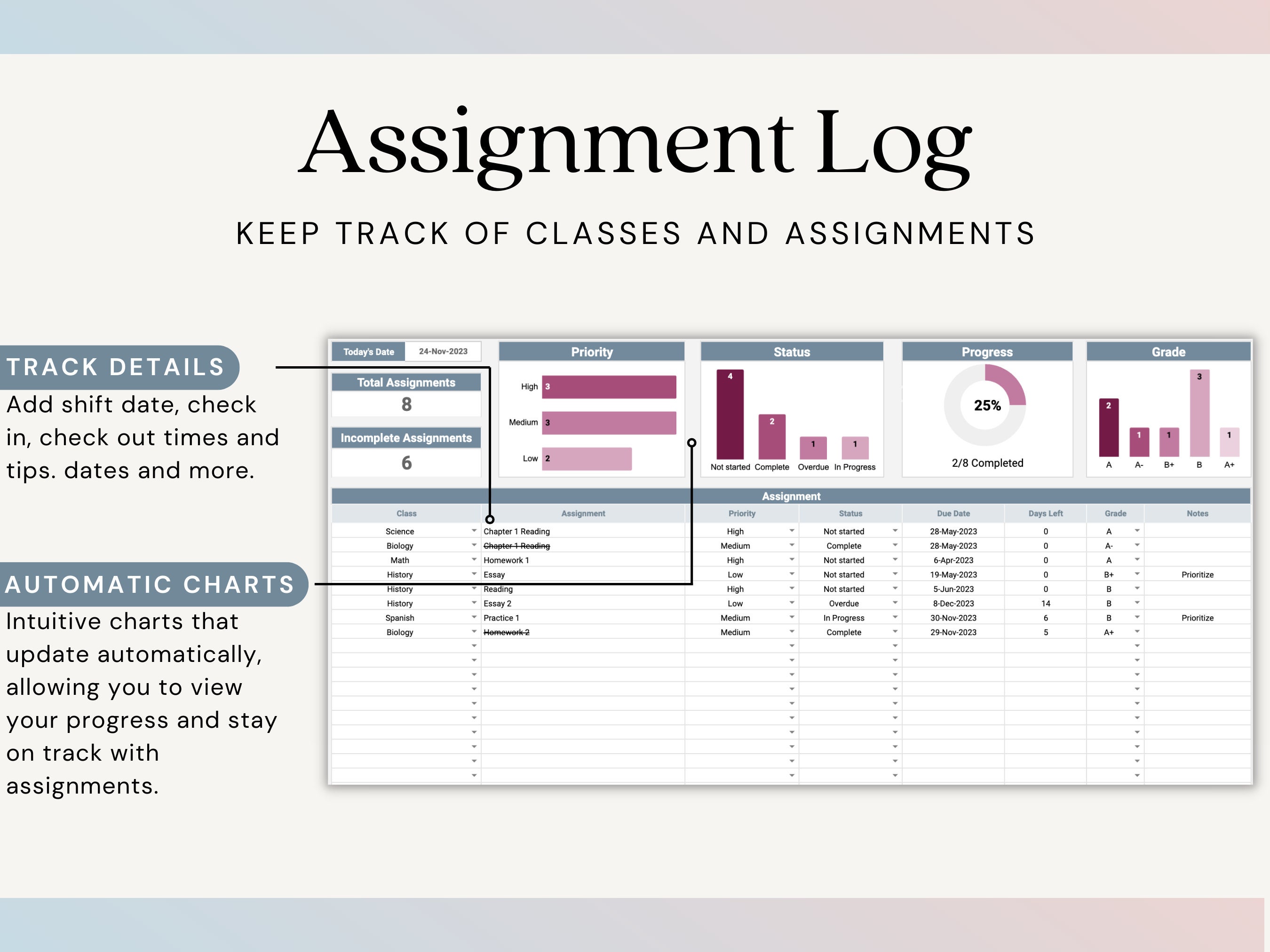Assignment Tracker Spreadsheet | Student Homework Log | Google Sheets ...