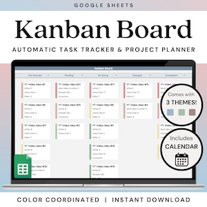 May include: A laptop screen displaying a Google Sheets Kanban board with the text "Kanban Board" and "Automatic Task Tracker & Project Planner". The board is divided into five columns: Not Started, Pending, On Going, Delayed, and Completed. Each column contains cards with tasks, such as "YT Video Idea #21" and "Send Idea to Writer A". The image also includes text that says "Comes with 3 THEMES!" and "Includes CALENDAR".