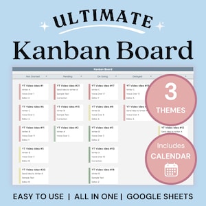 May include: A pink and white circle with the number 3 and the text "THEMES" inside. Below the circle is a pink circle with the text "Includes CALENDAR" and a small calendar icon inside. The background is light blue with a white and black text overlay that reads "ULTIMATE Kanban Board". The text "EASY TO USE | ALL IN ONE | GOOGLE SHEETS" is at the bottom of the image.