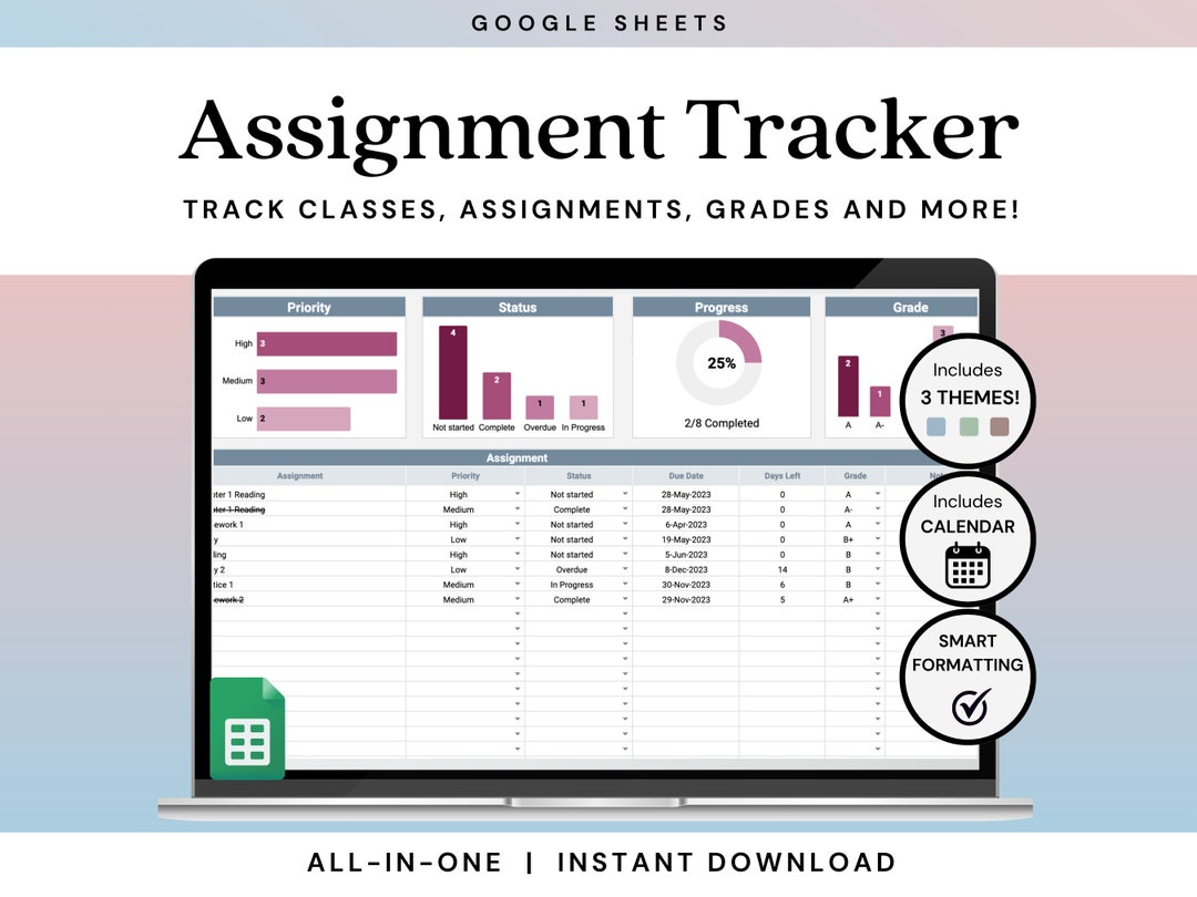 Assignment Tracker Spreadsheet | Student Homework Log | Google Sheets ...