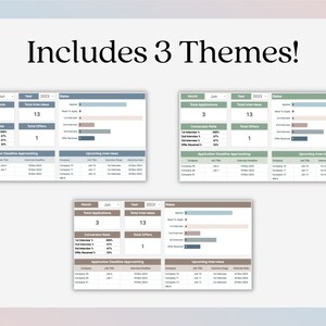 May include: Three screenshots of a spreadsheet showing data about job applications, interviews, and offers. The spreadsheet has columns for month, year, total applications, total interviews, total offers, conversion rate, application deadline approaching, and upcoming interviews. The data is for June 2023.