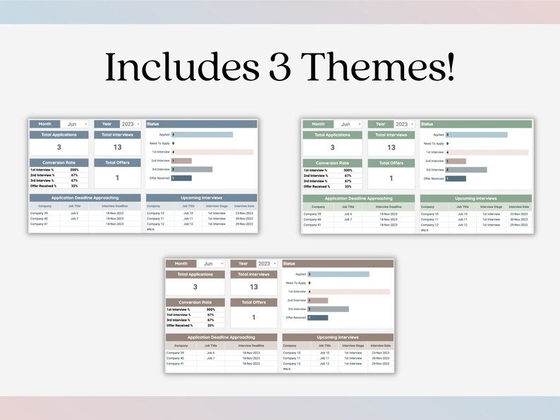 May include: Three screenshots of a spreadsheet showing data about job applications, interviews, and offers. The spreadsheet has columns for month, year, total applications, total interviews, total offers, conversion rate, application deadline approaching, and upcoming interviews. The data is for June 2023.