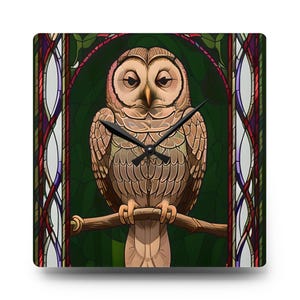 Barn Owl Acrylic Wall Clock: Stained Glass Design