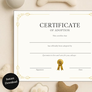Pet Adoption Certificate Printable – Dog or Cat Adoption Gift – Instant Download – 8.5x11 and 5x7 Pet Keepsake