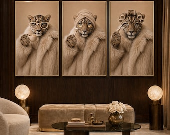 May include: A triptych of framed wall art prints featuring a leopard wearing a beige faux fur coat in each panel. The first leopard wears glasses and holds a coffee cup, the second wears a towel and eye patches, and the third wears hair rollers.