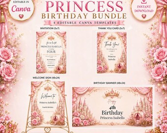 May include: A digital birthday bundle featuring four editable templates with a pink princess theme, including an invitation, thank you card, welcome sign, and banner. The designs feature crowns, castles, carriages, and roses with text.