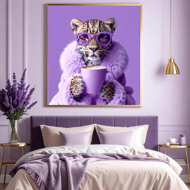 May include: A framed wall art print featuring a leopard wearing purple-rimmed glasses and a fluffy purple faux fur coat, holding a matching purple mug of coffee. The leopard has spotted fur and is centred against a solid purple background.