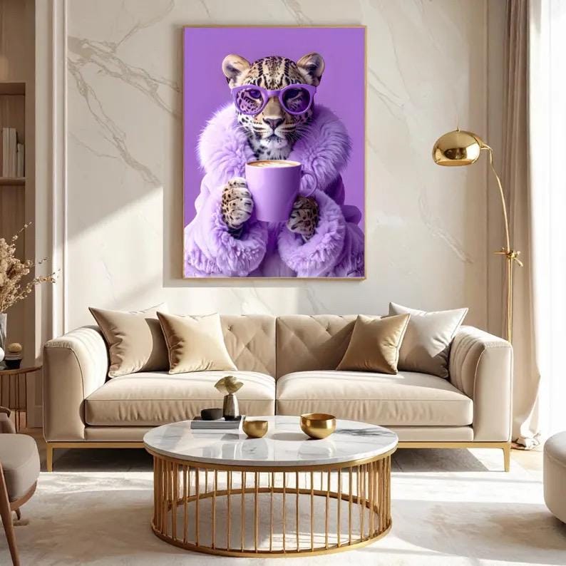 May include: A rectangular wall art print featuring a leopard wearing purple-rimmed glasses and a fluffy purple coat, holding a purple coffee mug. The background is a solid purple colour, and the leopard has a spotted coat and whiskers.