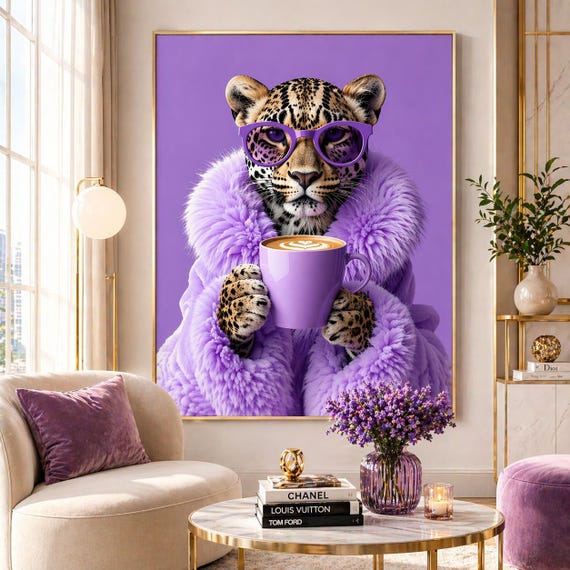 Purple Leopard Coffee Wall Art Chic Animal Print Lavender Glam Decor