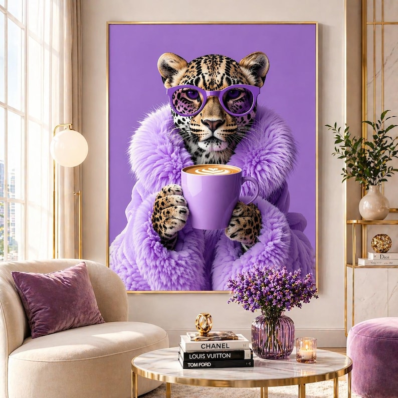 May include: A wall art print featuring a leopard wearing purple-tinted glasses and a fluffy purple faux fur coat. The leopard is holding a purple coffee mug with latte art. The background is a solid, vibrant purple colour.