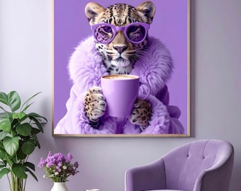 May include: A framed art print showing a leopard wearing purple sunglasses and a fluffy purple coat, holding a purple mug of coffee. The leopard has a spotted coat. The background is a solid purple colour.