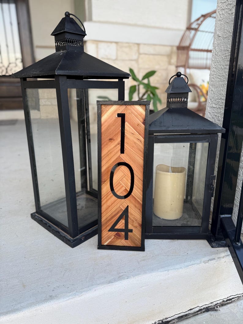 Handcrafted Cedar Address Sign: Modern Herringbone House Number Plaque