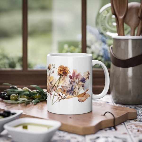 Mug floral 11 oz, Trockenblumen Tasse, Kaffeetasse mit Blumen