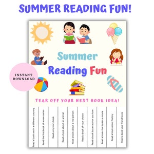 Può includere: Un elenco di letture estive stampabile con illustrazioni colorate di bambini che leggono, una palla da spiaggia, un gelato e infradito. Il testo recita "Summer Reading Fun!" e "Tear off your next book idea!" con un elenco di idee di libri sotto.