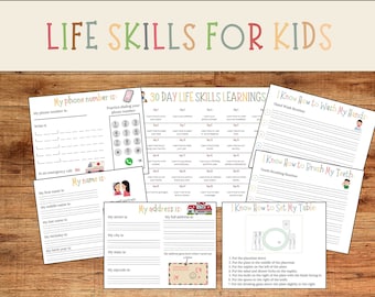 May include: A set of printable worksheets for kids to learn life skills. The worksheets include activities like practicing dialing a phone number, writing their name and address, and learning how to wash their hands and brush their teeth. The worksheets are colorful and feature illustrations of children.