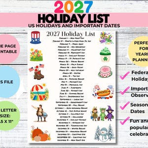 2027 Holiday List Printable: One-Page Calendar for Yearly Planning (PDF Download)