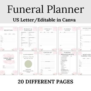 May include: A printable funeral planner with 20 different pages, including sections for reception, budget and expenses, contact list, funeral event, decorations, checklist, funeral arrangements, and mortuary funeral home. The pages are decorated with a floral design.