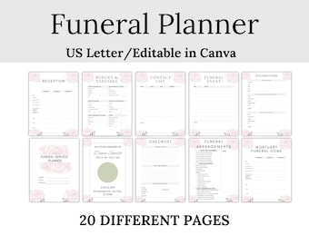 Puede incluir: Un planificador de funerales imprimible con 20 páginas diferentes, que incluyen secciones para la recepción, el presupuesto y los gastos, la lista de contactos, el evento fúnebre, las decoraciones, la lista de verificación, los arreglos funerarios y la funeraria. Las páginas están decoradas con un diseño floral.