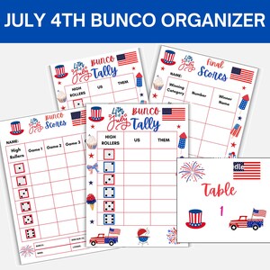 May include: A collection of printable July 4th Bunco game organizers. The designs feature patriotic themes with red, white, and blue colors, including dice, flags, fireworks, and the text "July 4th Bunco Organizer".
