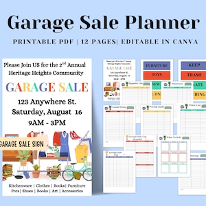 Printable Garage Sale Planner Editable in Canva - Yard Sale Organizer - Garage Sale Checklist and signs - Neighborhood Garage Sale Planner