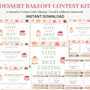 May include: Printable dessert bakeoff contest kit with voting cards, certificates, and signage. The kit includes a certificate for the best overall dessert, best tasting dessert, and most creative dessert. The voting cards say "My vote goes to..." and have a space for the voter to write in their choice. The signage says "Cast your vote for the..." and has a space for the category.