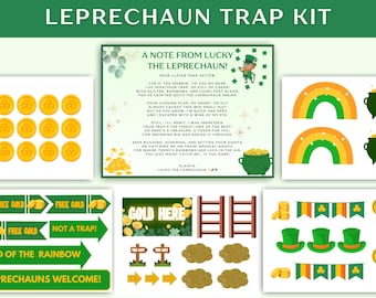 Pode incluir: Um kit de armadilha de duende imprimível com instruções e peças de jogo. O kit inclui uma nota de Lucky o duende, um arco-íris, uma escada, um pote de ouro e uma placa que diz "Gold Here".