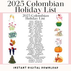 2025 Colombian Holiday List, Holiday Calendar List, List of Holidays in Order for 2025,  Printable 2025 Holiday Planner, Display on Fridge