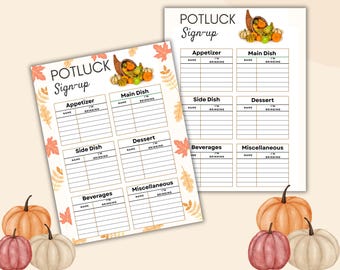 Thanksgiving Potluck Sign Up Sheet: Fall Party Planner (PDF Download)