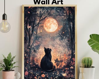 ハロウィン黒猫満月アートプリント（デジタルダウンロード） - Etsy 日本