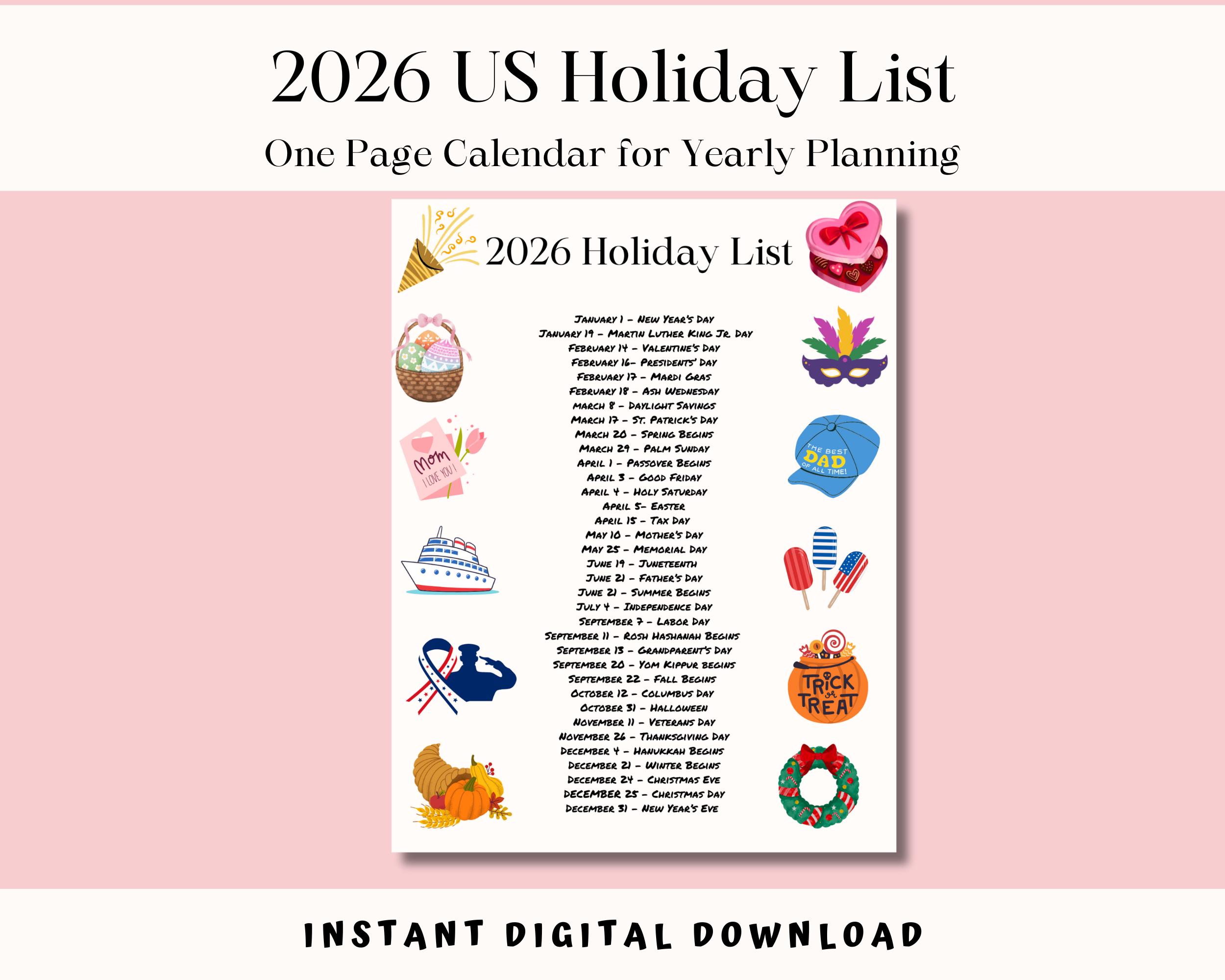 2026 Holiday List Printable: One-page Calendar for Yearly Planning ...