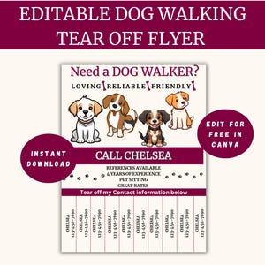 Flyer personnalisable promenant un chien, Entreprise de promenade de chien, Entreprise de garde de chien, Modèle modifiable, Garde d'animal de compagnie, Modifiable sur Canva
