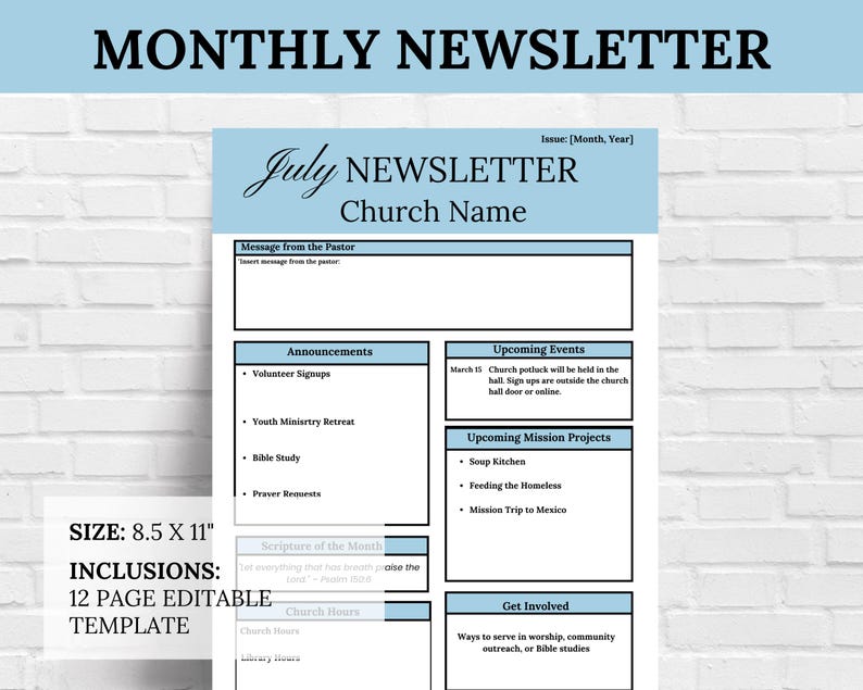 Monthly Church Newsletter Template: 12-month Bulletin (PDF) - Etsy