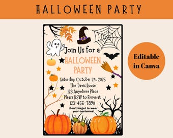 May include: Halloween party invitation with orange and black graphics. The invitation includes a ghost, witch hat, spider web, bat, broom, pumpkins, and stars. The text reads "Join Us for a Halloween Party" and provides event details.