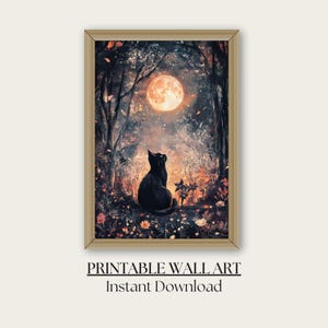 Halloween Cat Art - Black Cat under Full Moon on Halloween Night - Halloween Night Full Moon Wall Art - Halloween Decor - Black Cat Wall Art