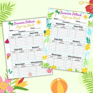 Puede incluir: Dos hojas de inscripción para una comida compartida de verano con bordes florales tropicales y de hojas de palma. Las hojas tienen secciones para aperitivos, platos principales, guarniciones, postres, bebidas y varios. El texto "Summer Potluck Sign-up Sheet" está en la parte superior.