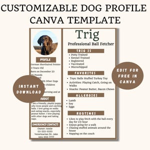Customizable Pet Profile Canva Template, Pet Sitter Notes, Pet Information, Pet Details Printable, Pet Bio Resume, Boarding Kennel, Grooming