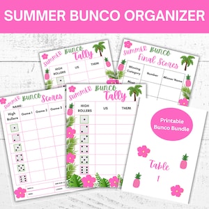 Organizador Bunco de verão - Folhas de registro - Pontuações Bunco - Pontuações finais - Cartões de mesa - Prepare-se para lançar os dados