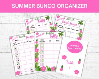 May include: Printable summer themed Bunco game scorecards. The scorecards are pink and white with a tropical theme. The scorecards include a tally sheet, final scores, and individual player scorecards.