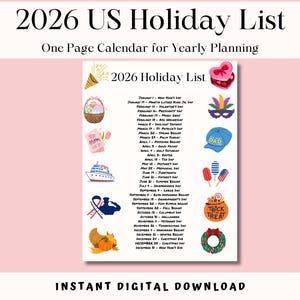 2026 Holiday List Printable: One-Page Calendar for Yearly Planning (PDF Download)
