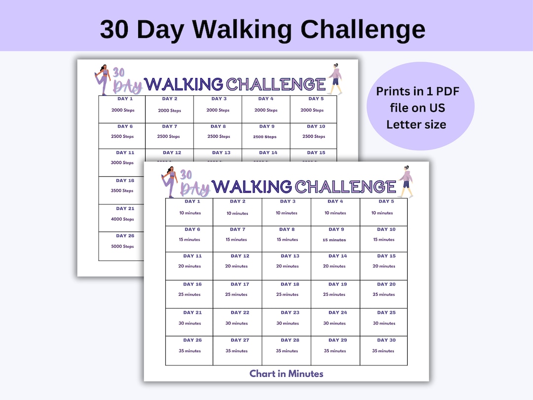 30 Day Walking Challenge Versions in Minutes and Steps
