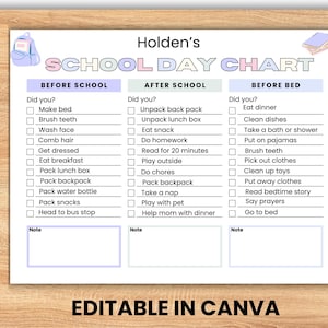 Editable School Day Chart, School Day Checklist, Organization Chart, Kids Chore Chart Kids Routine, Kids Responsibility Chart, Before School