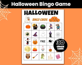 Può includere: Una scheda del gioco del bingo di Halloween con sfondo bianco e bordo arancione. La scheda presenta illustrazioni a tema Halloween e il testo "Halloween Bingo Game". La scheda include 30 carte uniche.
