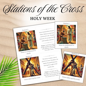 May include: A set of printable cards depicting the Stations of the Cross. Each card features a colourful illustration and text describing a specific station. The cards are designed for use during Holy Week.