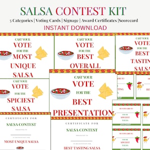 May include: A Salsa Contest Kit with voting cards, signage, and award certificates. The kit includes cards for categories like 'Most Unique Salsa' and 'Best Tasting Salsa'. The design features images of salsa bowls and tortilla chips.