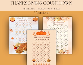 May include: Three printable Thanksgiving countdown charts with a fall theme. The charts feature a variety of fall colors, including orange, brown, and yellow. The charts are decorated with pumpkins, leaves, and other fall imagery. The charts are numbered from 1 to 28. The text "Thanksgiving Countdown" is featured on each chart.