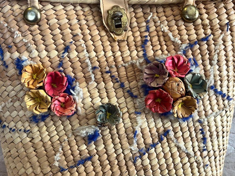Vintage 1960s Straw Bucket Bag, Embroidered Floral Detail Tote Purse - Etsy