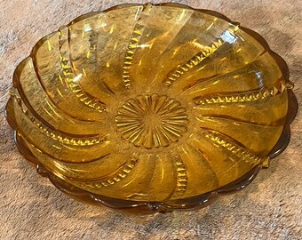 Bol de cristal ámbar vintage para dulces y frutos secos con diseño de espiral y rombos de 19 cm (7,5 pulgadas)