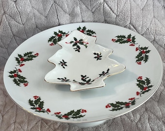 vintage Christmas holly pedestal cake stand With a Lefton tree trinket dish