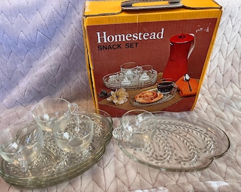 Vintage 8 Piece Homestead Snack Set By Federal Glass A-16 Wheat Pattern with box